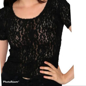 Vintage black lace short sleeve blouse  Sz M